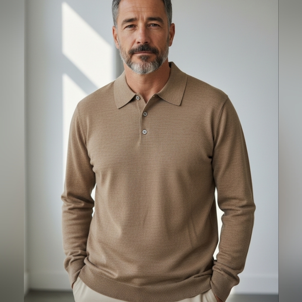 NEW ERMENEGILDO ZEGNA Tan 100% Lana Wool Long Sleeve Polo..Size XXL